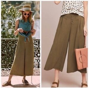 Anthropologie Boho Oceanside Green Cropped Wide Leg Pant High Waist Button Front
